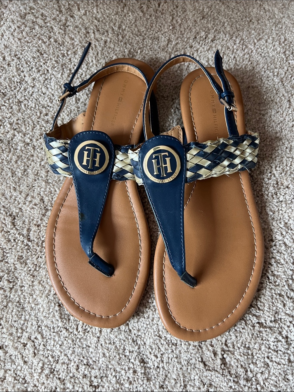 Tommy Hilfiger Navy & Tan Braided Logo Thong Sandals